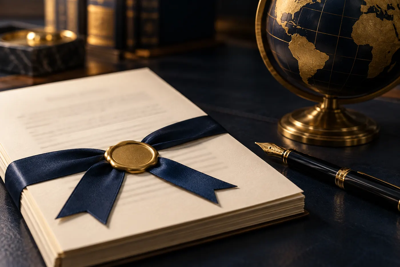 A bound arbitral award tied with a navy ribbon and gold seal, beside a globe and a fountain pen