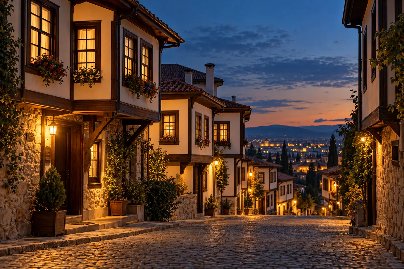 Restored Ottoman timber houses on a cobbled street in Eskişehir's Odunpazarı district at dusk