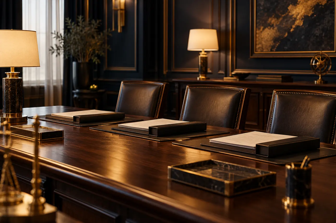 An empty hearing room with a long wooden table, leather chairs and document folders