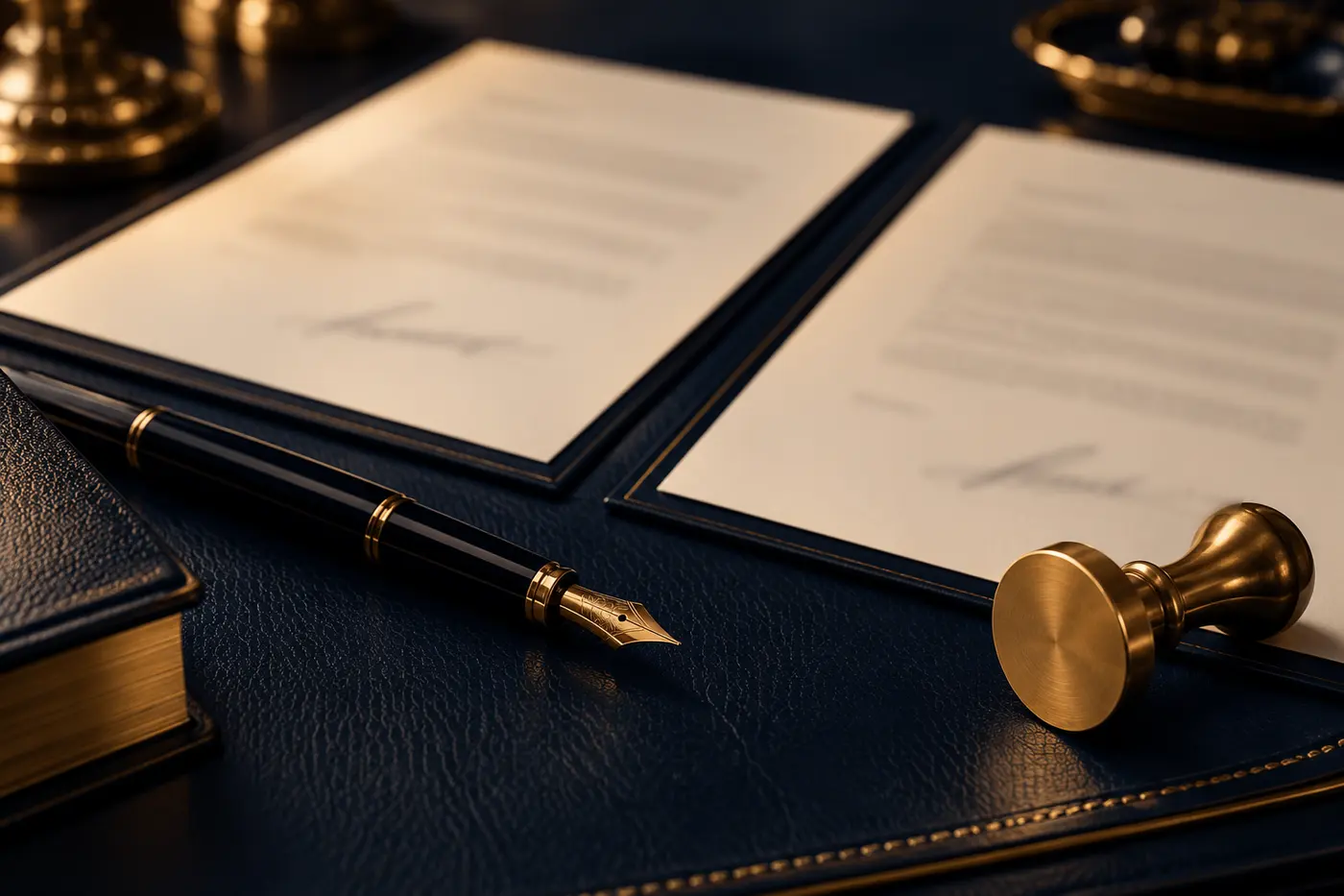 Two signed contract copies with a fountain pen and a brass seal stamp on a leather desk