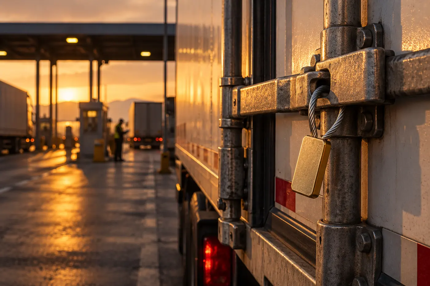 A customs seal on the rear doors of a truck trailer at a border crossing at dusk