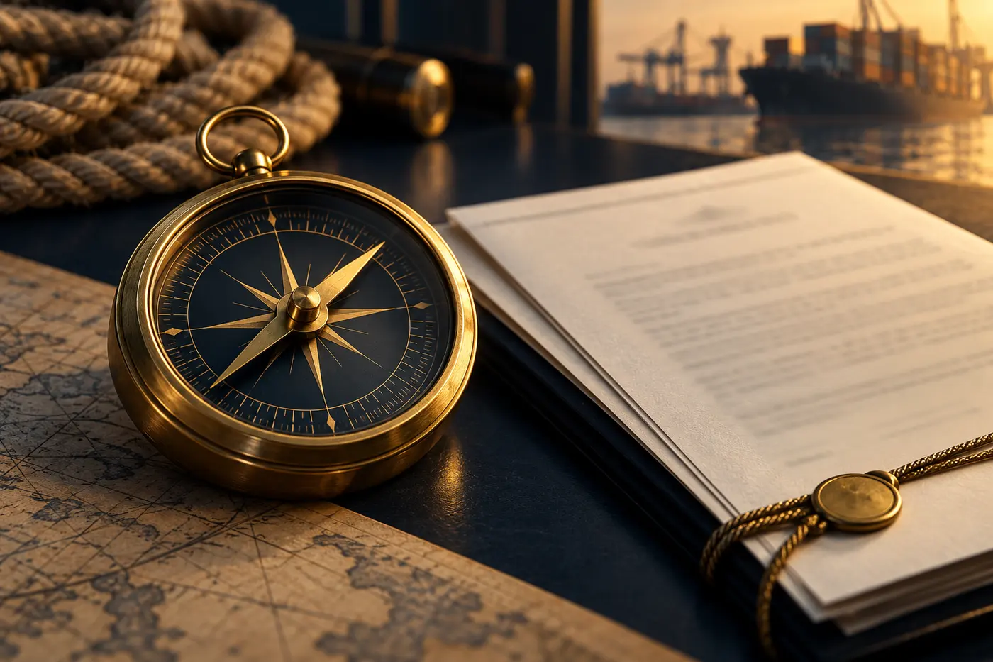 A brass ship's compass beside a sealed policy document on a desk, with a port in the background