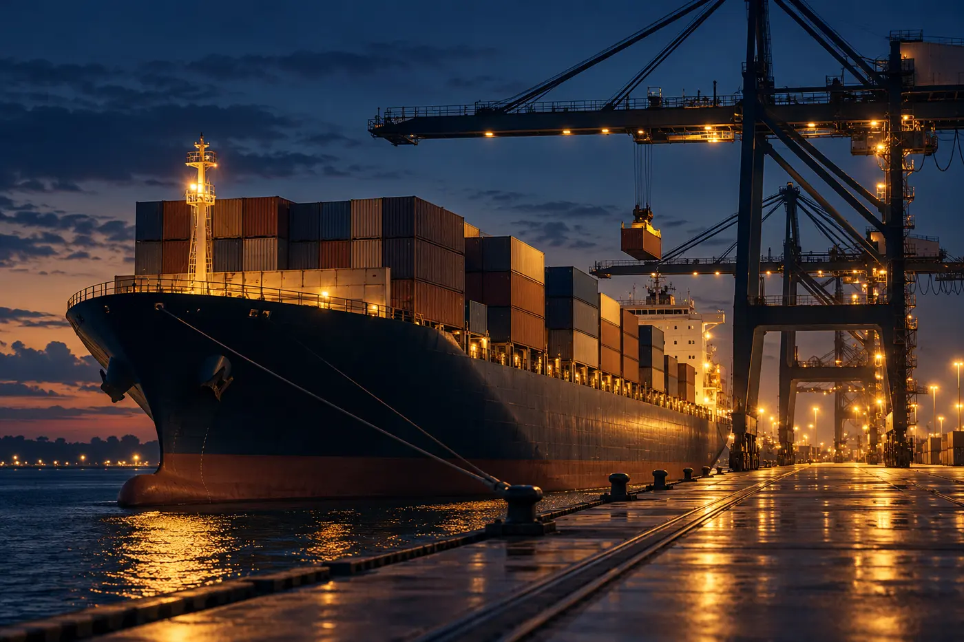 A container ship being loaded under gantry cranes at a port at dusk