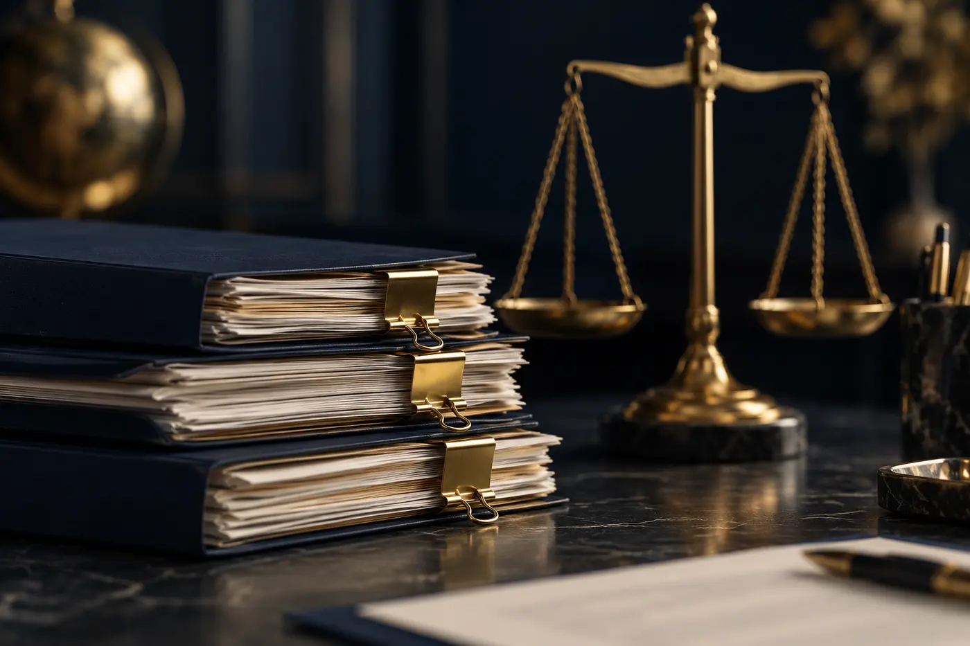 A stack of case files with gold clips beside a balance scale
